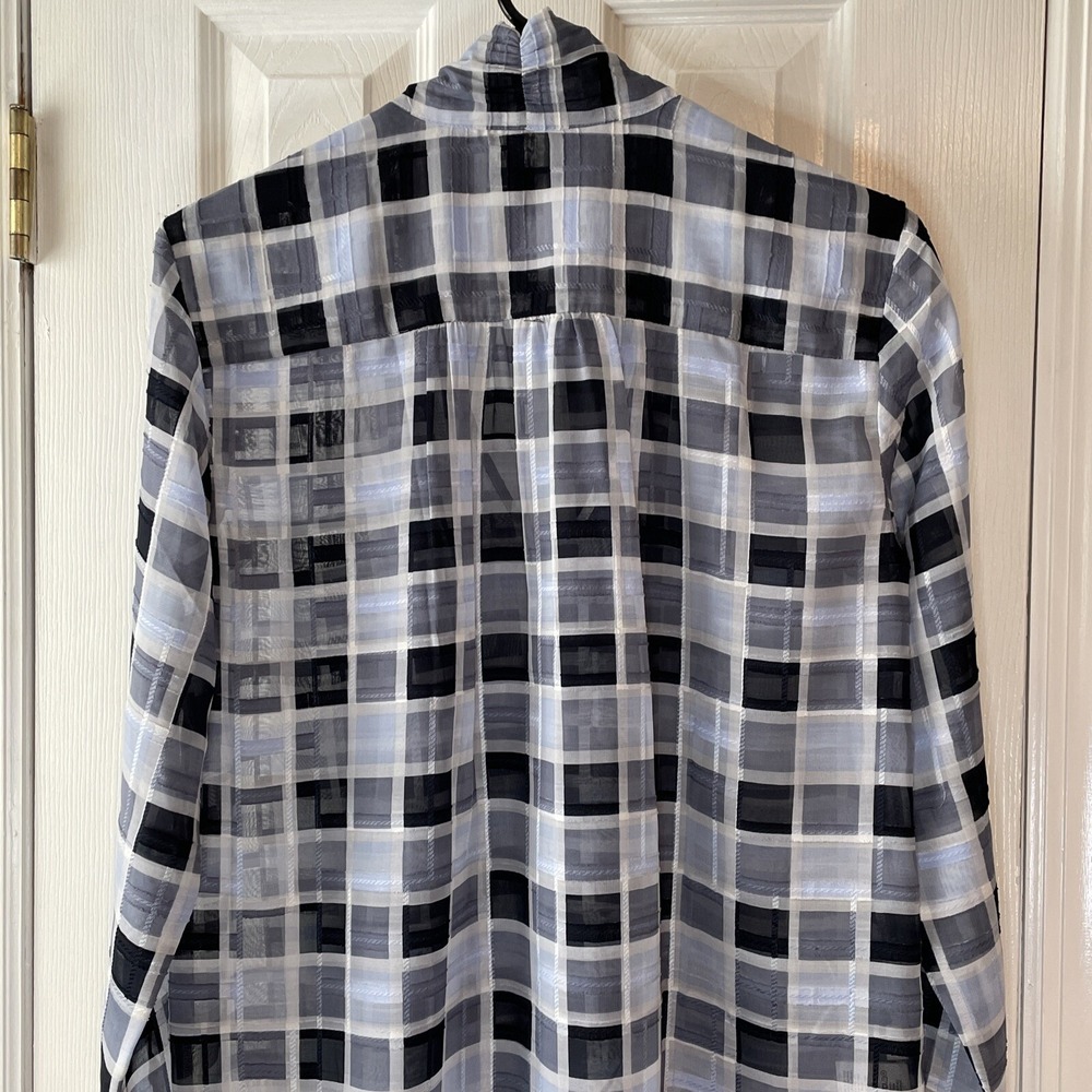 Ann Taylor Sheer Blouse Small Blue Plaid Tie Neck Long Sleeve Office Workwear - Picture 7 of 16
